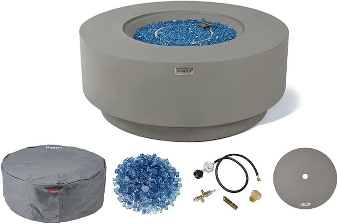 Elementi+ | Colosseo Gas Fire Pit Cast Concrete 40" Dia. Round Fire Table, Outdoor Fire Pit Electronic Ignition | Canvas Cover, Fire Glass and Burner Lid Included | Light Gray | Natural Gas