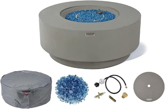 Elementi+ | Colosseo Gas Fire Pit Cast Concrete 40" Dia. Round Fire Table, Outdoor Fire Pit Electronic Ignition | Canvas Cover, Fire Glass and Burner Lid Included | Light Gray | Natural Gas