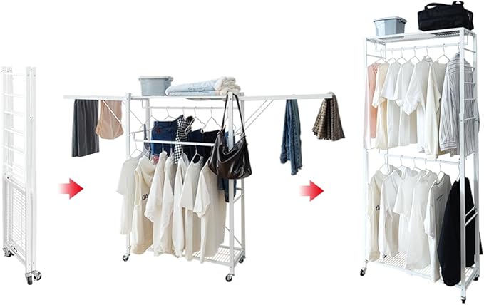 lumizone Folding Clothing Rack with Wheels Expandable Wardrobe Portable Clothes Rack for Hanging Clothes Adjustable Closet Shelves Garment Rack Durable Closet Racks for Hanging Clothes (Pro White)