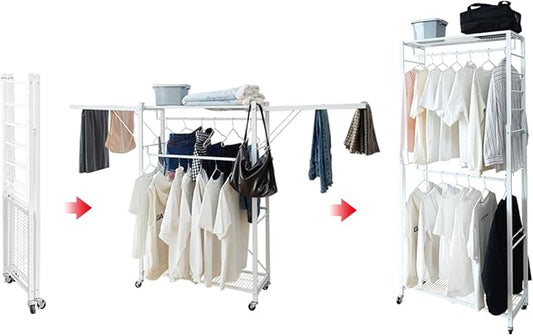 lumizone Folding Clothing Rack with Wheels Expandable Wardrobe Portable Clothes Rack for Hanging Clothes Adjustable Closet Shelves Garment Rack Durable Closet Racks for Hanging Clothes (Pro White)