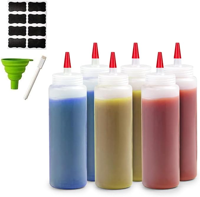 6-Pack Condiment Squeeze Bottles for Sauces - Includes Funnel, Erasable Marker & Reusable Labels, Perfect for Salad Dressings, Liquids, and Ketchup, Durable Plastic 12 oz Bottles