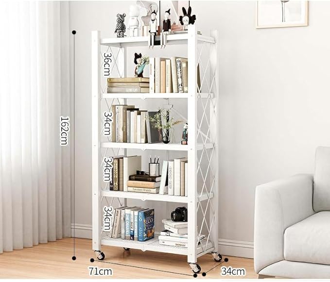 4-Tire Storage Rack, 28*13*63.8in Foldable Metal Garage Storage Shelves Organizer, Portable Metal Kitchen Shelving, Closet Shelving Unit Bakers Rack Microwave Stand, White(Tiered Shelf-5)