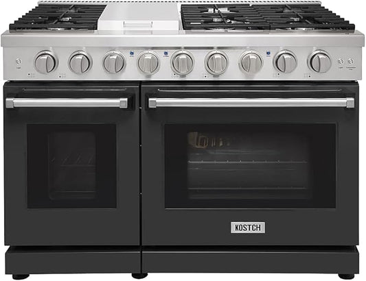 48 inch Pro-Style Natural Gas Range or Liquid Propane Gas Range with 6 Burners & 1 Griddle Cooktop, Double 4.6 cu. ft. and 2.2 cu. ft. Oven, in Stainless Steel - KOS-48RG03M (Black)