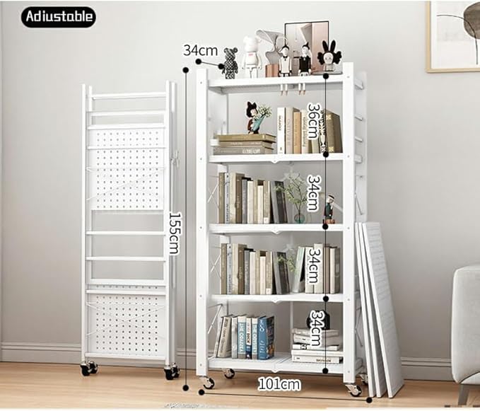 4-Tire Storage Rack, Height Adjustable, 40 * 13 * 61in Foldable Metal Garage Storage Shelves Organizer, Portable Metal Kitchen Shelving, Closet Shelving Unit Bakers Rack (White 5 Shelfs)