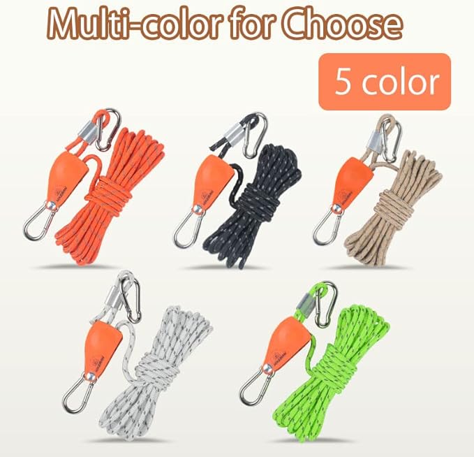 Hikeman Camping Rope with Ratchet Pulley,Quick Setup Outdoor Guy Lines Adjustable Tent Tie Downs Rope Hanger for Canopy,Kayak and Canoe,Grow Light (Black)