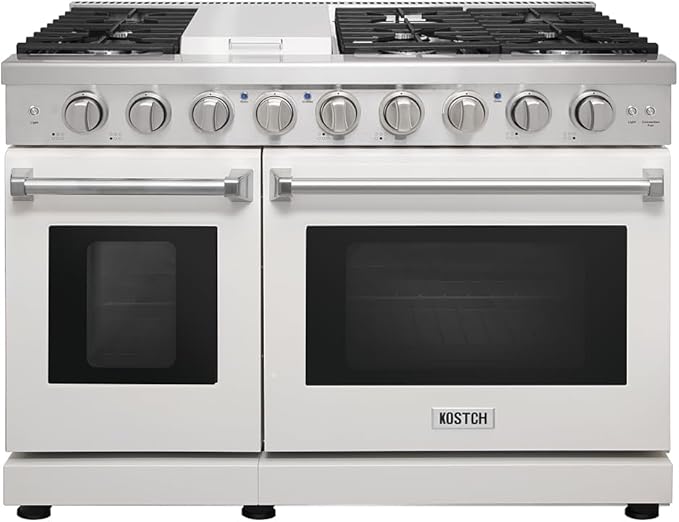 48-inch Pro-Style Natural Gas Range or Liquid Propane Gas Range with 6 Burners & 1 Griddle Cooktop, Double 4.6 cu. ft. and 2.2 cu. ft. Oven, in Stainless Steel - KOS-48RG03M (White-01)
