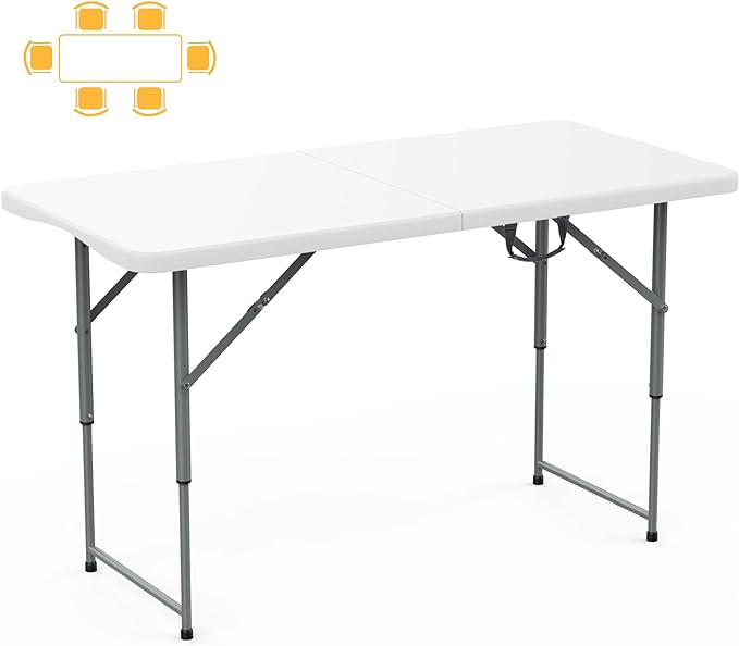 SKOK 330lbs Folding Picnic Table 4/6/8 Foot Adjustable Height, 4/6/8FT Plastic Table Portable w/Handle, Utility Commercial Craft Sewing Card Table w/Heavy Duty Frame for Party Events
