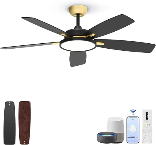 Roomratv Ceiling Fans with Lights,52 inch Smart Ceiling Fans with Dimmable LED Light Compatible with Google Home Alexa App Control(Black Gold