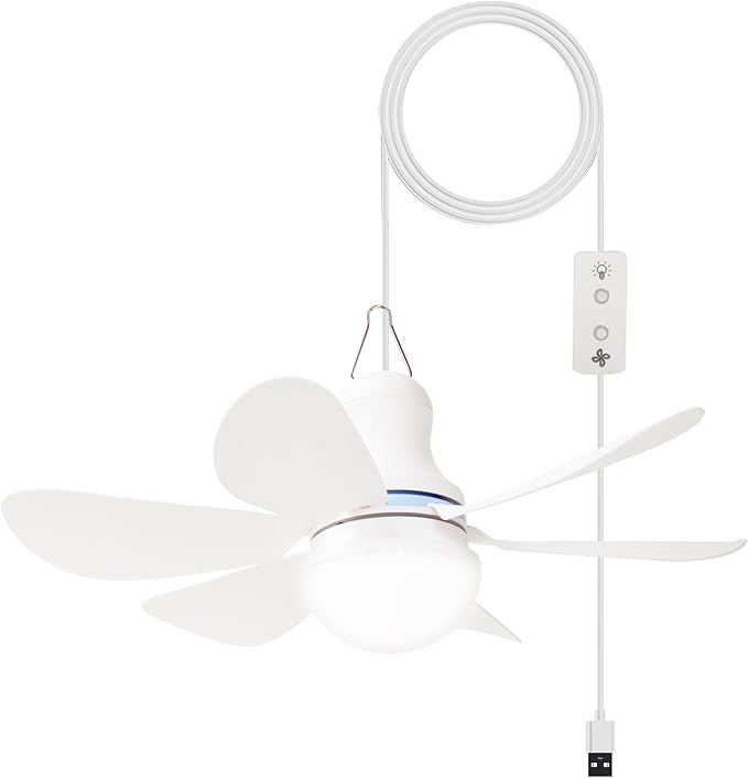 Portable Ceiling Fan with LED Light, Mini DC 5V USB Tent Fans for RV, 16.5Inch Small USB Ceiling Fan Hanging Camping Tent Gazebo Bed Dormitory, On/Off Button Switch, Detachable Blades