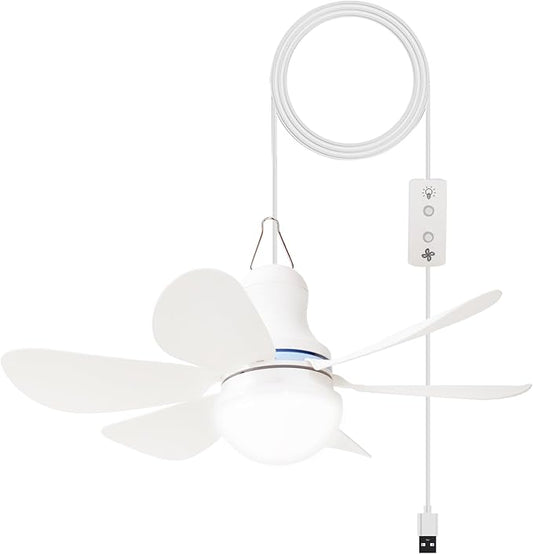Portable Ceiling Fan with LED Light, Mini DC 5V USB Tent Fans for RV, 16.5Inch Small USB Ceiling Fan Hanging Camping Tent Gazebo Bed Dormitory, On/Off Button Switch, Detachable Blades