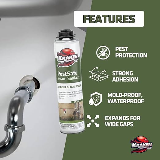 Kraken Bond Pestblock Spray Foam Sealant - (2x24oz) Polyurethane Expanding for Gaps & Cracks with, Paintable Foam Filler for Wall Holes, Gun Use | Gun&Cleaner Included - 2 Pack
