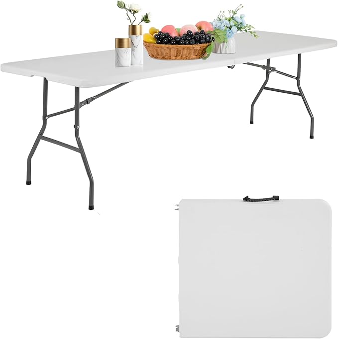PayLessHere | 8FT Folding Table | Portable Plastic Table with Carry Handle | Waterproof & Foldable Table Design | Steel Frame with Lock | White | for Events, Camping, Indoor & Outdoor Use