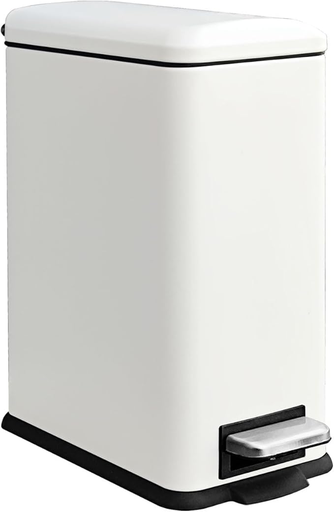 Bathroom Trash Can, 2.6 Gallon Trash Can with Lid, Stainless Steel Pedal Trash Bin with Removable Liner for Bathroom, Bedroom, Kitchen, Office,10 Liter White Garbage Can