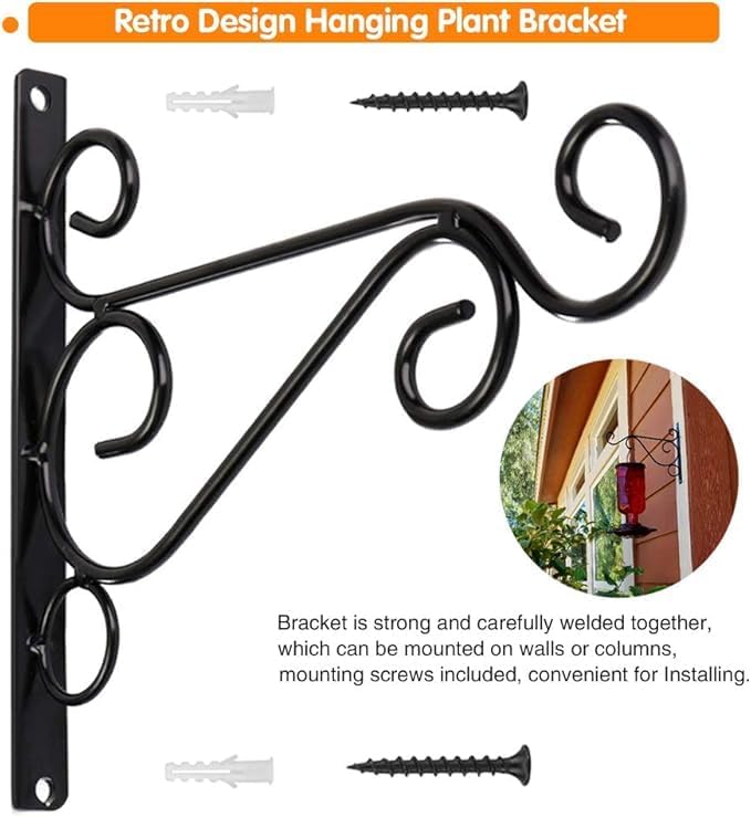 Hanging Plants Bracket, Pack of 2 Black Iron Outdoor Hanging Brackets Wall Hooks for Bird Feeder Lanterns Wind Chimes with Screws