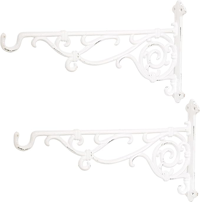 Sungmor Cast Iron Hanging Plant Bracket, 16.5" Large Outdoor Wall Plant Hangers, 2pcs White Heavy Duty Hanging Basket Hooks, Decorative Hooks for Flower Pot, Lantern, Wind Chime, Hummingbird Feeder
