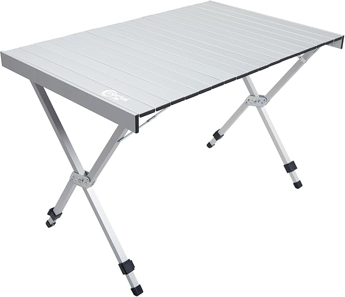 PORTAL Folding Outdoor Camping Table with Adjustable Height, Aluminum Roll-Up Top and Carry Bag, Big Large Portable Tables for Picnic, BBQ and Tailgating, Silver