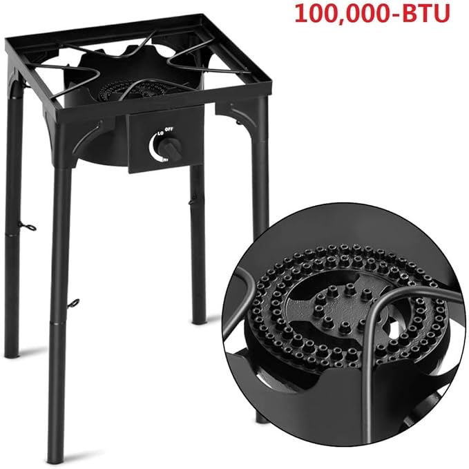 Happygrill Camping Stove Outdoor, High Pressure Single Burner Propane Gas Camp Stove w/Detachable Legs, 100,000 BTU Output, 0-20 PSI Regulator, Portable Camping Burner Picnic Cookout