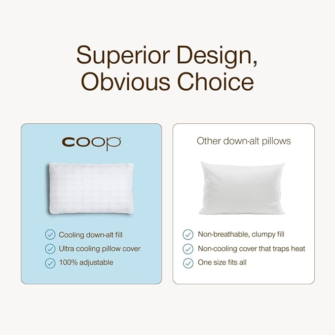 Coop Home Goods Essence Cooling Down Alternative Pillows Set of 2, King Size Adjustable Cooling Pillow for Hot Sleepers, Luxury Cool-to-The-Touch Hotel Pillows for Stomach, Back, or Side Sleepers