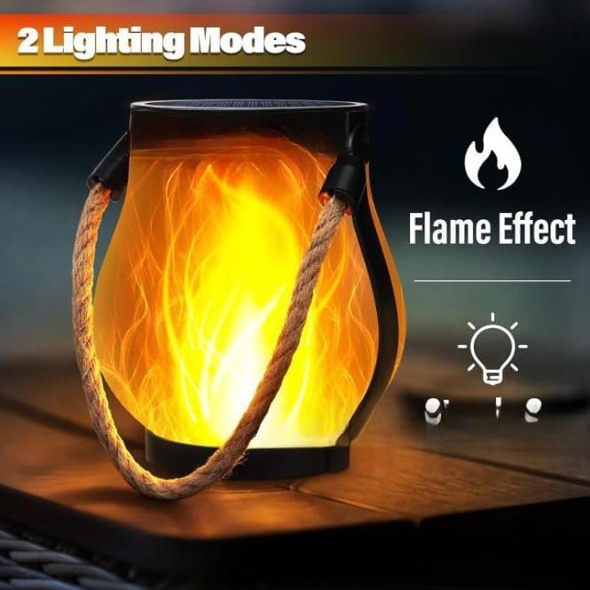 Solar Lantern Outdoor lamp - Waterproof Type Solar Flame lamp Can be Hung and Features Dancing Flames. Hemp Rope Suspended Flame Lantern, Dual Charging Mode, Smoke-Free (5PC)