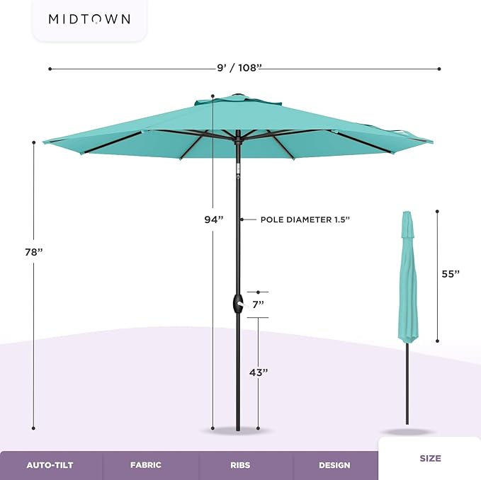 Midtown Umbrellas 10-Year-No-Fade - 9 Ft - UV Proof Purple Stripe Polyester Fabric - Umbrella Outdoor Patio, Auto-Tilt Aluminum Frame Patio Umbrella for Garden, Pool & Deck - Black Pole