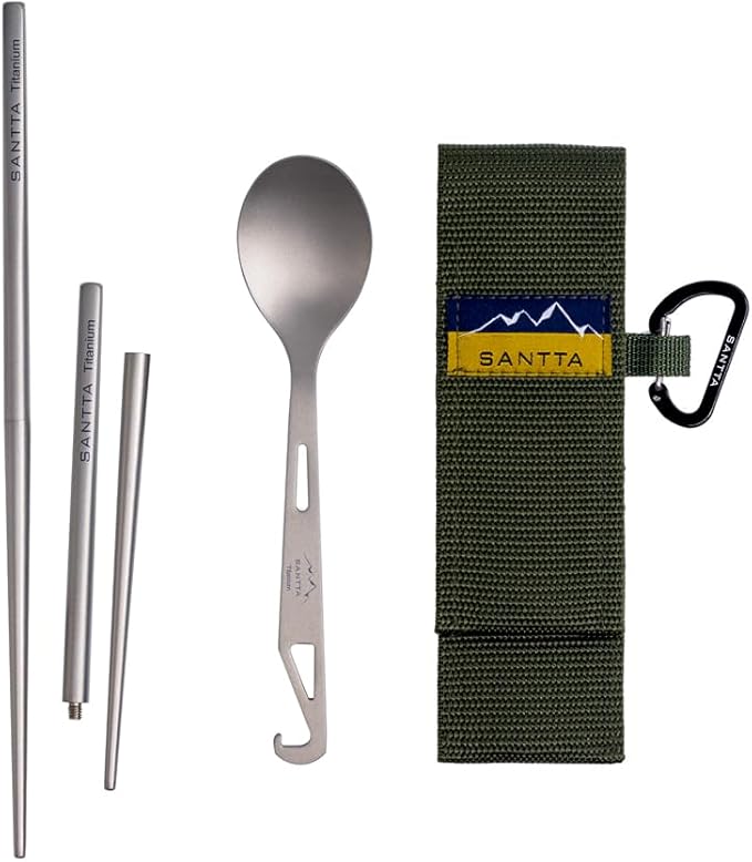 SANTTA Compact Titanium Collapsible Chopsticks and Spoon Utensil Set with Carry Bag and Carabiner for Camping, Hiking, Backpacking and Travelling