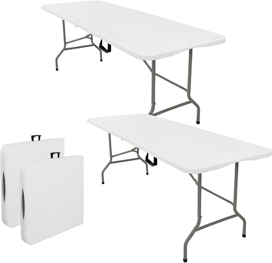 Set of 2 Folding Tables with Carrying Handle Lightweight Rectangular Portable Plastic Camping Table Steel Legs for Party, Dining, Wedding, Events, Picnic Indoor, Outdoor (6FT, White)
