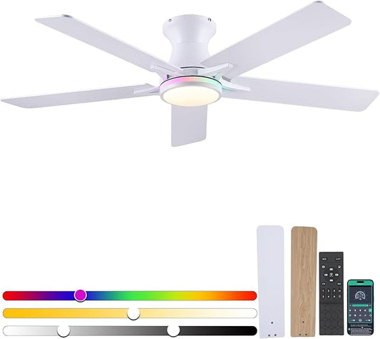 Low Profile RGB Ceiling Fans with Lights and Remote,52" White Flush Mount Ceiling Fans with Quiet Reversible DC Motor, Dimmable LED Ceiling Fan Light with 3 Colors 6 Speeds
