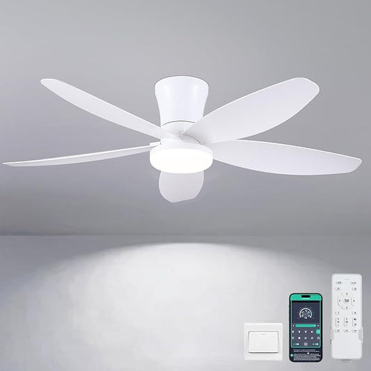 42" Ceiling Fans with Lights-Low Profile Ceiling Fan with Light and Remote/APP Control,Flush Mount,DC Reversible,LED Dimmable Modern Ceiling Fans for Bedroom,Indoor/Outdoor Patio Use(White)