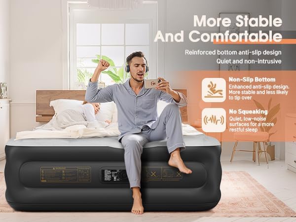 Air Mattress Queen with Built in Pump,20'' Inflatable Mattress 2 Mins Self-Inflation/Deflation,Thicker Blow up Mattress Leak-Proof,Flocked Top Air Bed with Storage Bag for Home, Camping & Guests