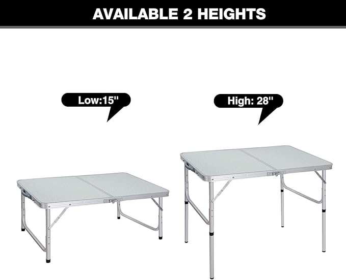 REDCAMP Aluminum Camping Table 3 Foot, Portable Folding Table Adjustable Height Lightweight for Picnic Beach Outdoor Indoor, White 36 x 24 inch