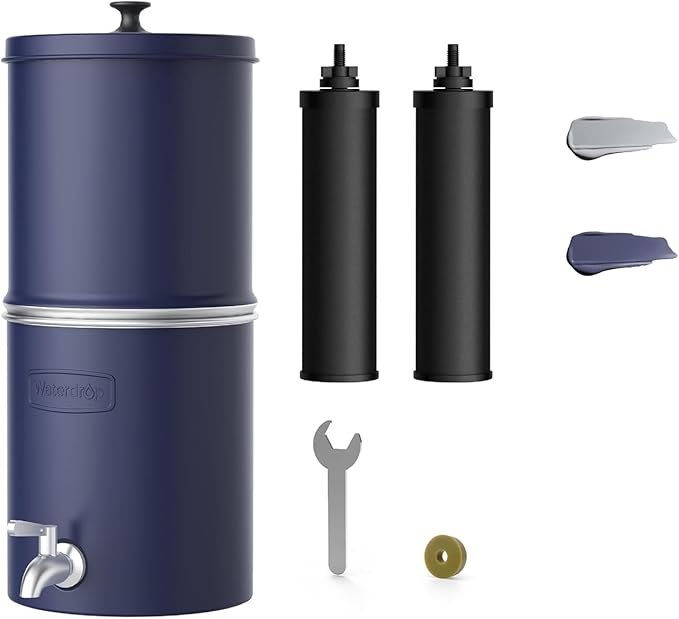 Waterdrop 2.25G Gravity Water Filter System, NSF/ANSI 42&371 Standard, Stainless Steel System with 2 Carbon Filters, Reduces 99% of Lead and Chlorine for Home, Camping, Emergencies, King Tank, Blue