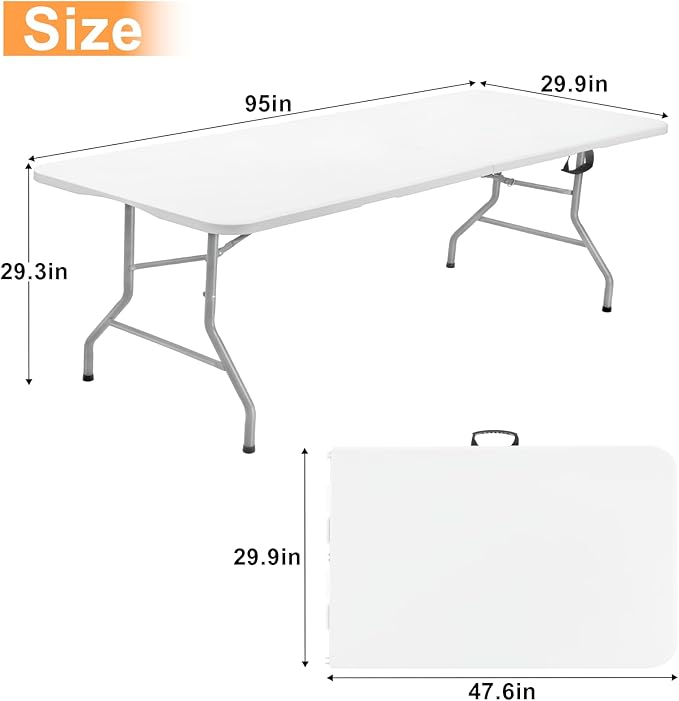 SKOK Folding Picnic Table 8 Foot, 8FT Long Plastic Picnic Table Portable with Carry Handle, White Tailgating Utility Commercial Craft Table with Heavy Duty Frame for Party & Events，330lbs