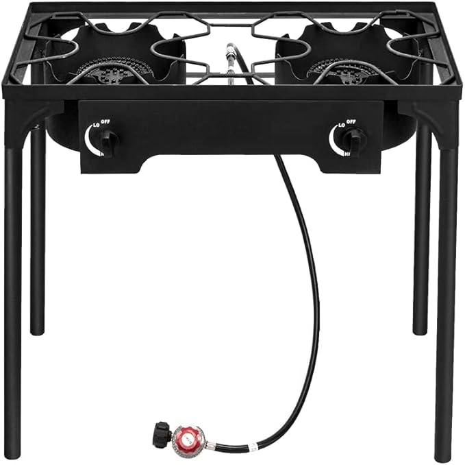 Outdoor Camp Stove High Pressure Propane Gas Cooker Portable Cast Iron Patio Cooking Burner (Double Burner 150000-BTU)