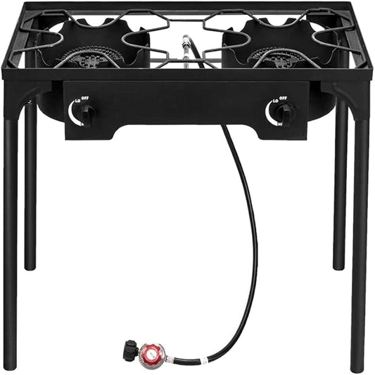 Outdoor Camp Stove High Pressure Propane Gas Cooker Portable Cast Iron Patio Cooking Burner (Double Burner 150000-BTU)