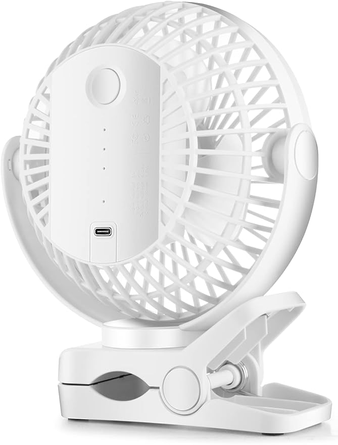 Viniper 6 inch Rechargeable Clip on Fan, 5000mah Battery Desk Fan : 360° Rotation & 3 Speeds Strong Wind Portable Fan, 8-30 Working Hours, Quiet and Powerful (White)