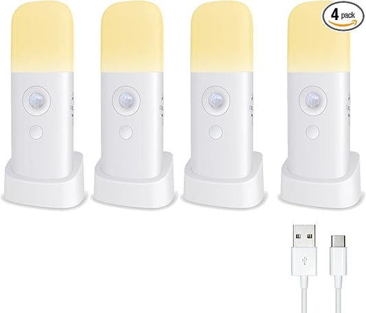 Motion Sensor Night Lights Indoor, Rechargeable Night Light Battery Powered, Portable Nightlight with Adjustable Brightness Activated Table Lamp for Kids, Adults(Warm Light, 4 Pack)