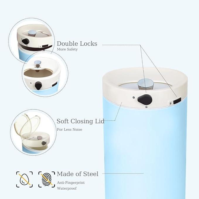 Diaper Pail, Baby Diaper Trash Can with Childproof Lock, Stainless Steel Garbage Pail with lid, Soft Close, Removal Inner Liner, Odor Control, 15 Liter/ 4 Gallon Diaper Disposal Bin, Blue