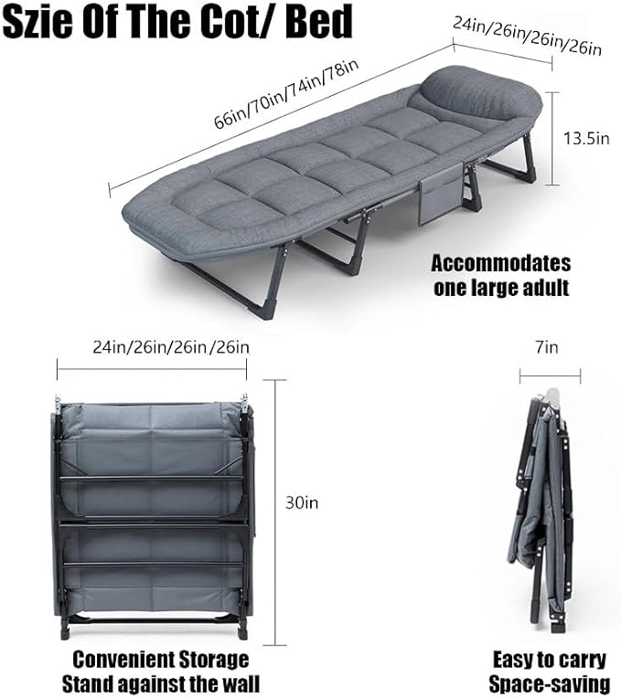 Camping Cot Recliner Portable Folding Bed with Pillow Adjustable Backrest Heavy Duty Frame for Sleeping Travel Office Indoor Outdoor Use (Extra Large(78in))