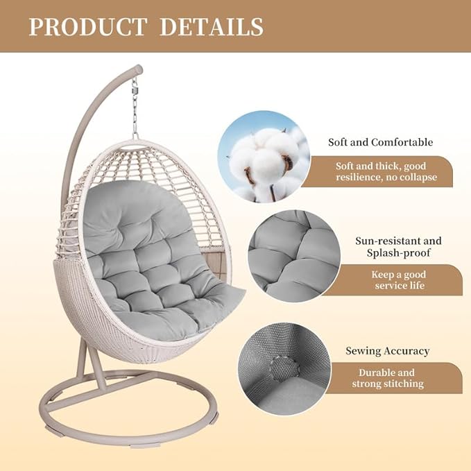 Thicken Egg Chair Cushion Replacement, Outdoor Hammock Swing Chair Cushions, Hanging Wicker Basket Seat Pad with High Elasticity PP Cotton, for Garden Patio Porch Furniture (Only Cushion)