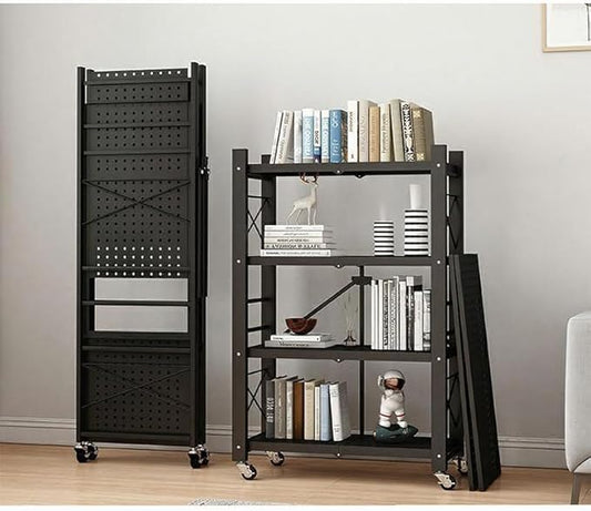 4-Tire Storage Rack, Height Adjustable, 32 * 13 * 50in Foldable Metal Garage Storage Shelves Organizer, Portable Metal Kitchen Shelving, Closet Shelving Unit Bakers Rack (Black 4 Shelfs)