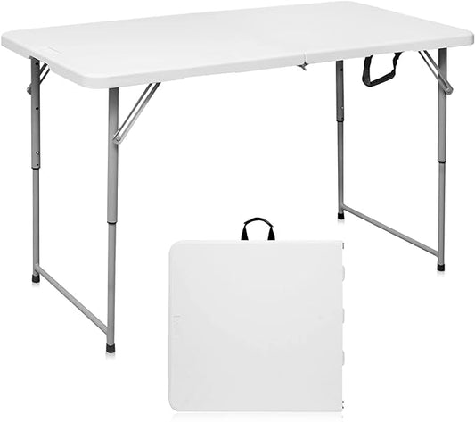 Folding Table 4 Foot Portable Heavy Duty Plastic Fold-in-Half Utility Table Small Indoor Outdoor Adjustable Height Folding with Carrying Handle, Camping and Party,White