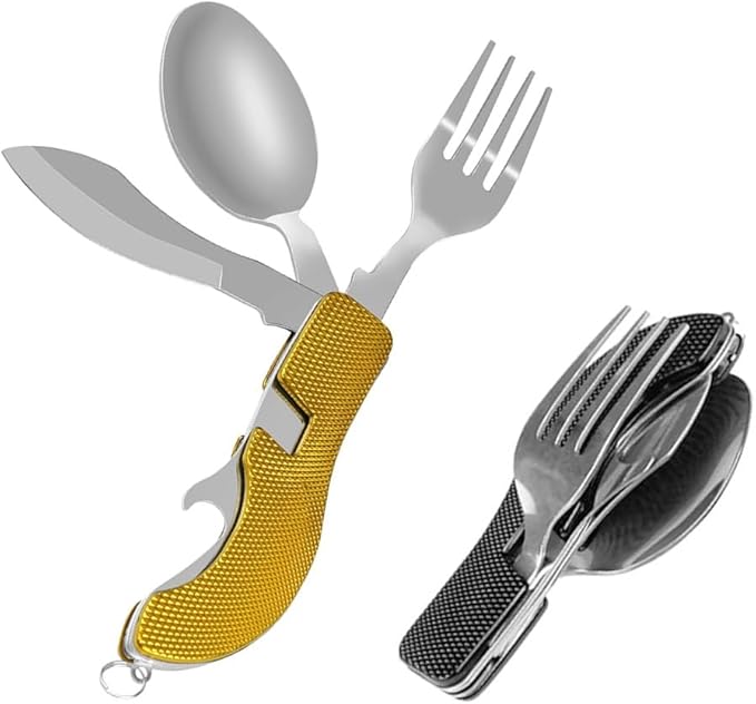 4-in-1 Portable Foldable Utensil Set Compact Knife Fork Spoon Bottle Opener Kit Stainless Steel Utensils for Camping Hiking Travel (Black + Gold)