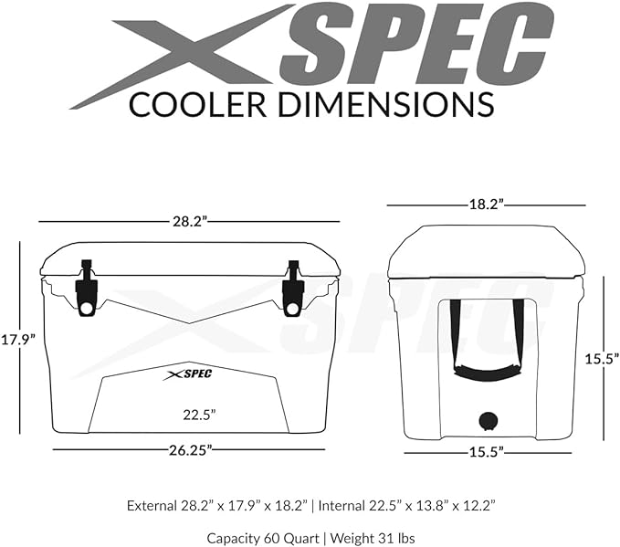 Xspec 60 Qt XL Roto Molded High Performance Camping Cooler Ice Chest | Extra Large Pro Tough Durable Outdoor Overland Rotomolded Hard Cooler