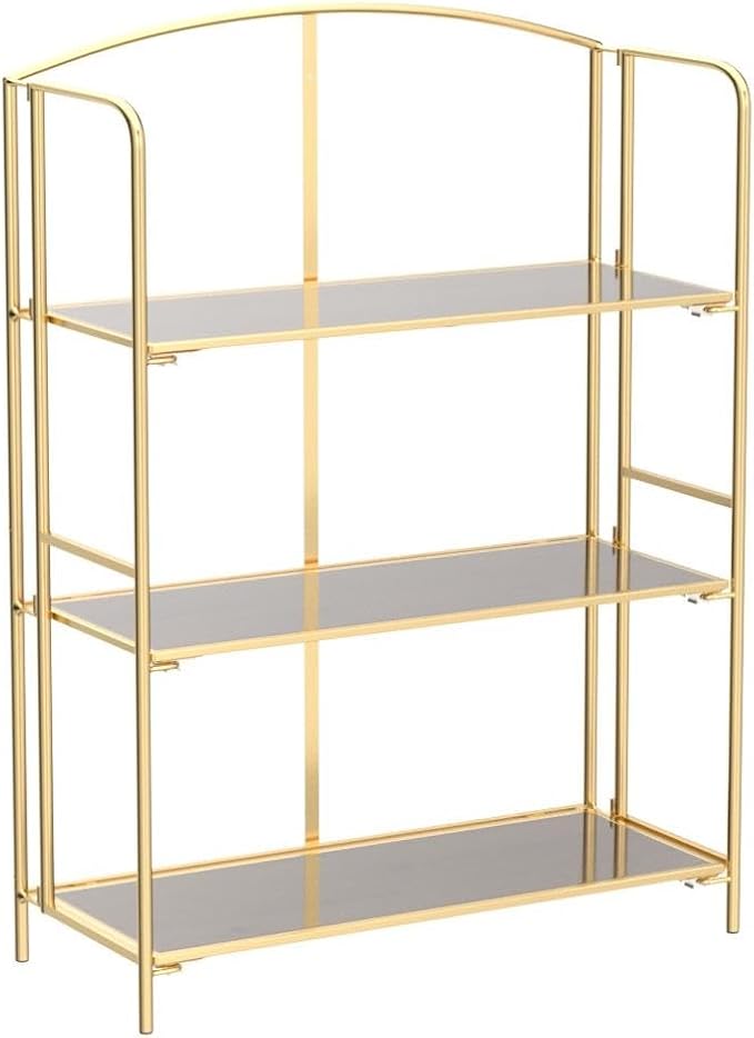 Crofy No Assembly Folding Bookshelf for Living Room, 3 Tier Gold Collapsible Book Shelf for Home Office, Portable Bookcase Storage Organizer