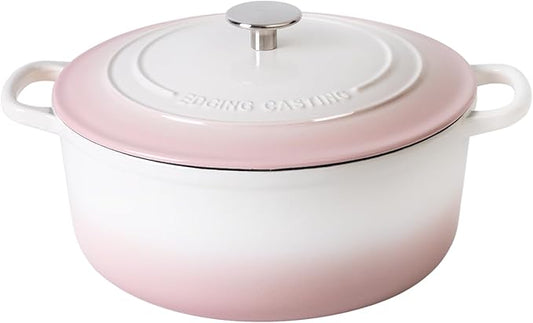 Enameled Cast Iron Dutch Oven Pot With Lid, 7 Quart, for Bread Baking, Cooking, White-Pink