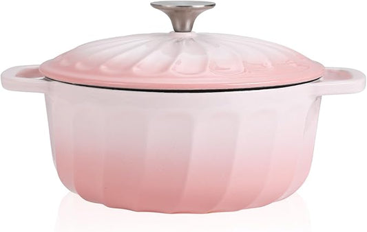 Enameled Cast Iron Dutch Oven with Lid, 3 QT Dutch Oven Pot for Bread Baking, Heavy Duty Cast Iron Pot for Braising, Cook, Bake, Oven Safe across All Cooktops (Gradient Pink,3 QT)