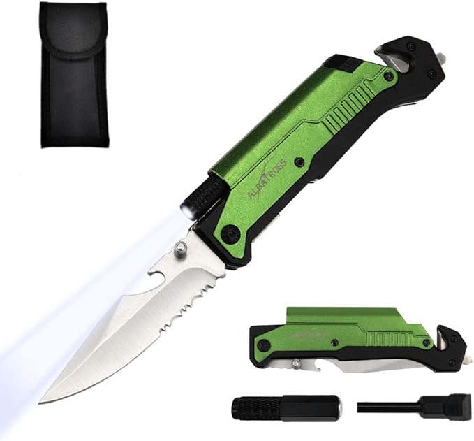 ALBATROSS Best 6-in-1 Survival Tactical Military Folding Pocket Knives with LED Light,Seatbelt Cutter,Glass Breaker,Magnesium Fire Starter,Bottle Opener;Multi-Function Emergency Tool(Green-SA)