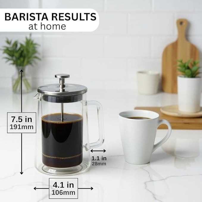 French Press Coffee & Tea Maker, 20 Ounce (500ml) – Thickened Double Wall Borosilicate Glass, 2-Cup, BPA Free, Small Coffee Press for Home, Office, Dorm, Gifts