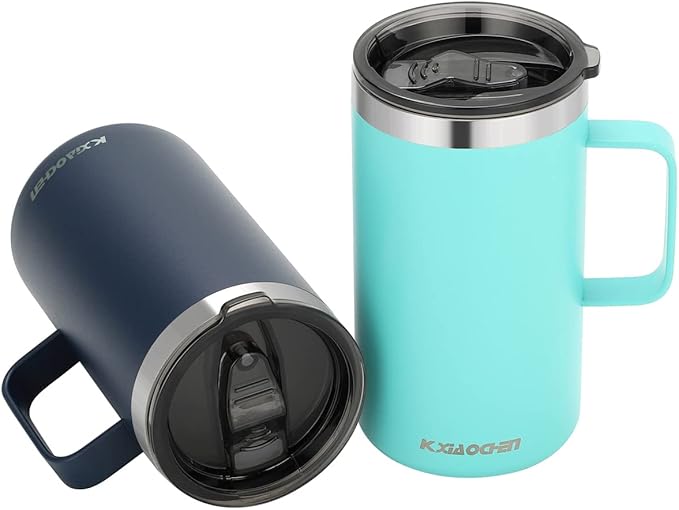 KXIAOCHEN 20oz Insulated Coffee Mug with Lid, Stainless Steel Coffee Cup, Double Wall Vacuum Coffee Tumbler with Handle, Premium Thermal Travel Coffee Mug (Blue green Navy 2Pack)