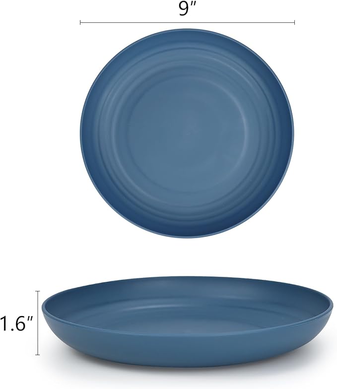 Homienly Wheat Straw Dinner Plates - Set of 8 Unbreakable Dishwasher and Microwave Safe Kids Plates (Blue) - 9 inch